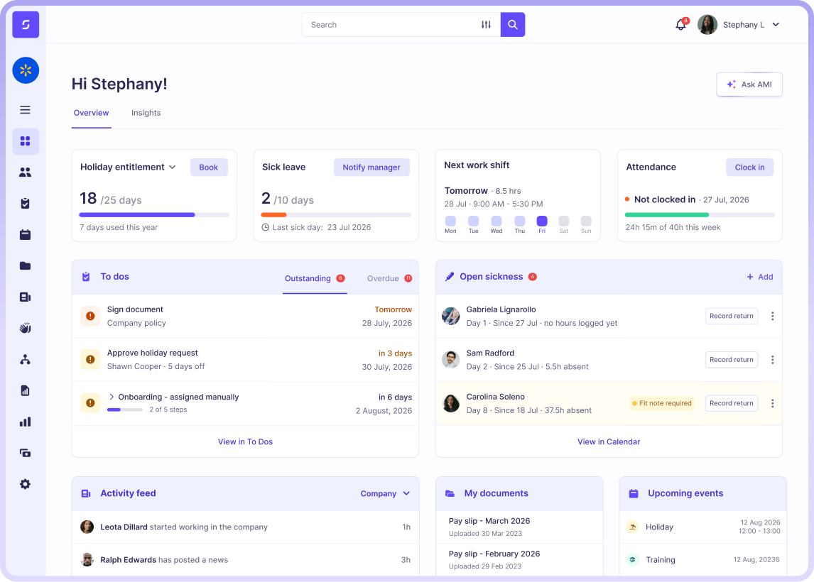 Sense HR dashboard — overview, requests and reminders
