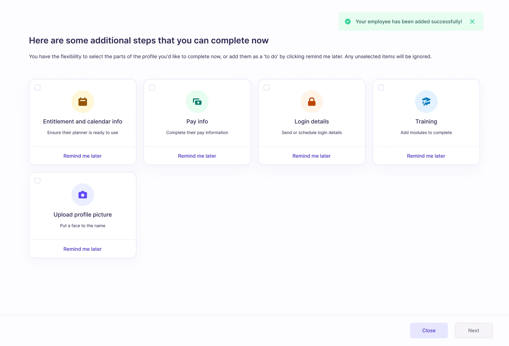 The Sense onboarding screen: new starters and the steps each still has to finish